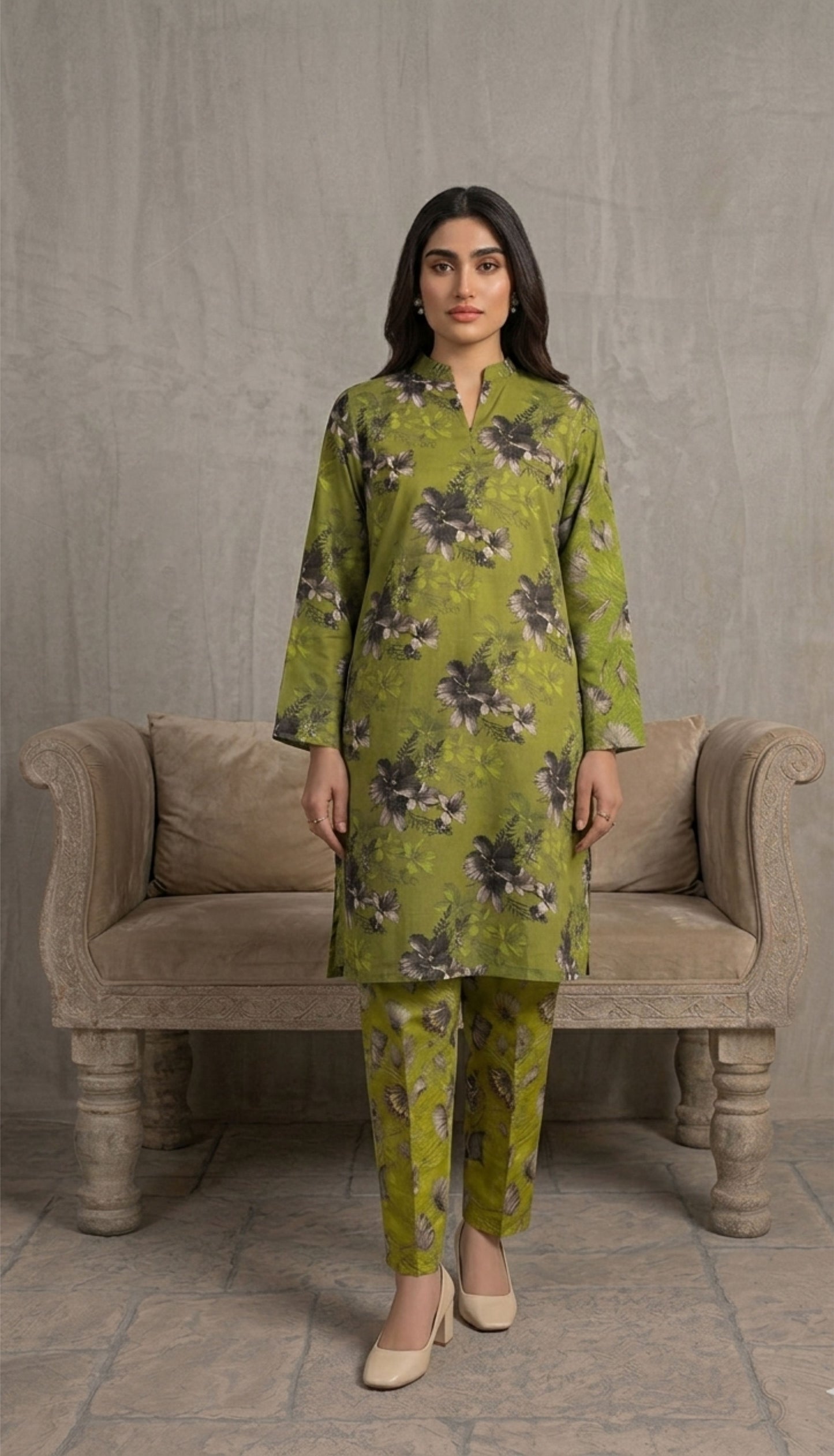 Bebold Digital Printed Bana Doria Lawn 2-PC Unstitched | Green Floral