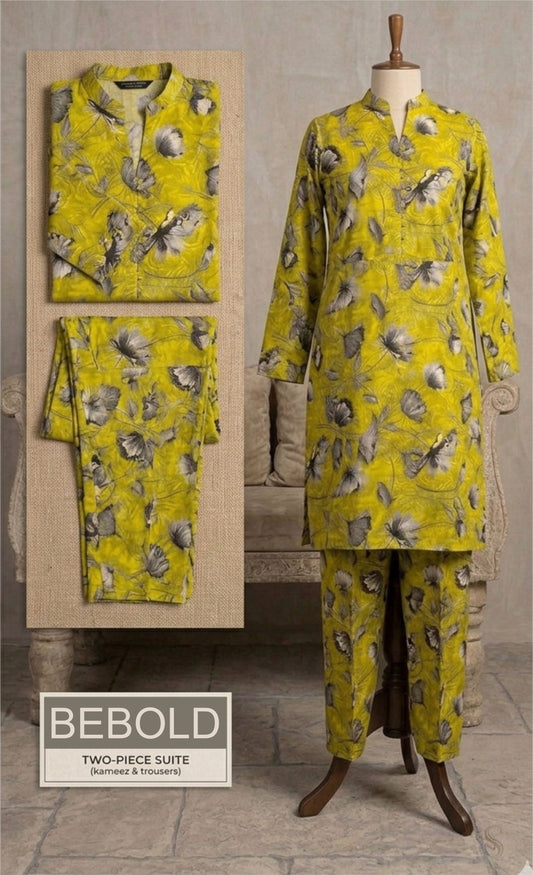 Bebold Digital Printed Bana Doria Lawn 2-PC Unstitched | Mustard Floral