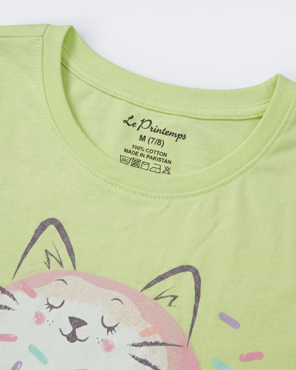100% Cotton Donut Kitty Printed T-Shirt for Girls | Soft Single Jersey | Sizes 2T to 16