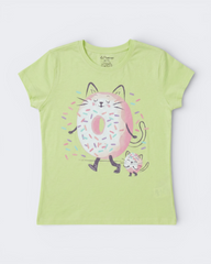 100% Cotton Donut Kitty Printed T-Shirt for Girls | Soft Single Jersey | Sizes 2T to 16