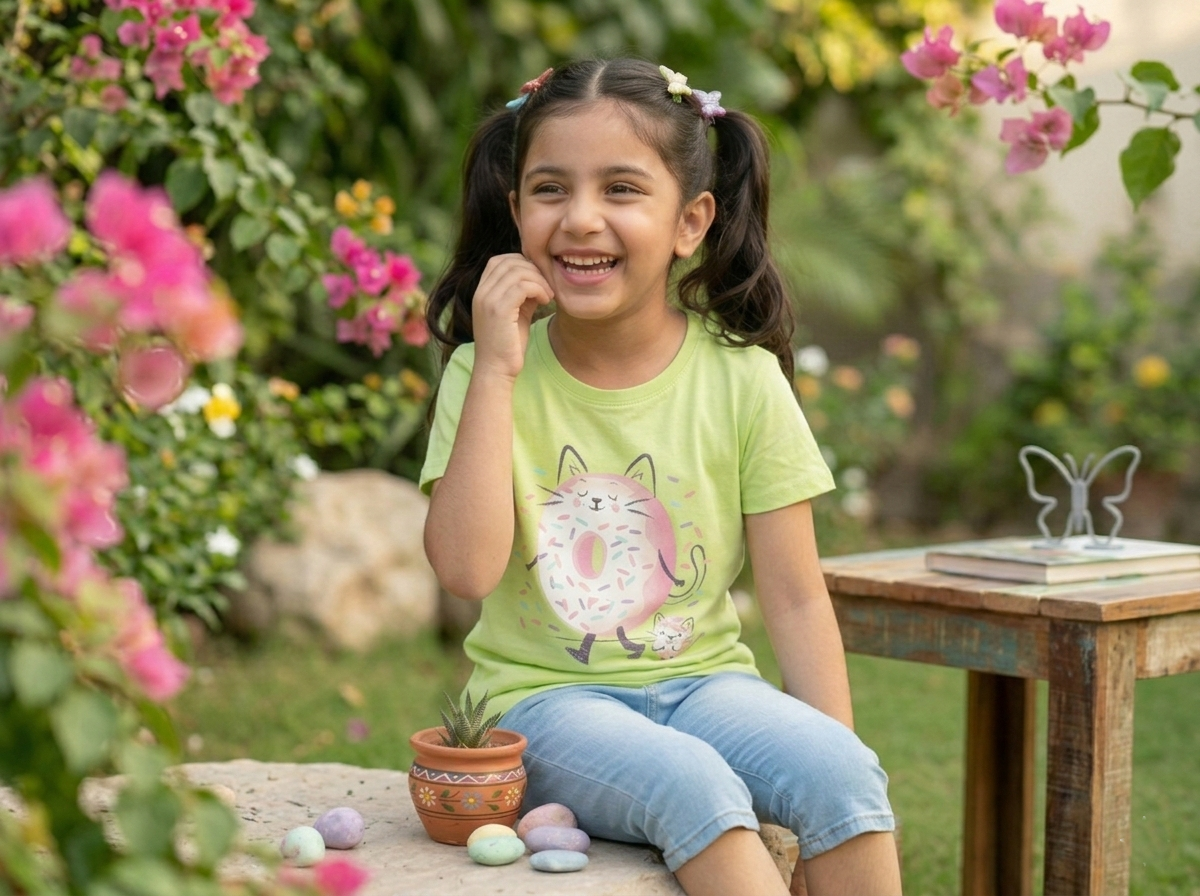 100% Cotton Donut Kitty Printed T-Shirt for Girls | Soft Single Jersey | Sizes 2T to 16