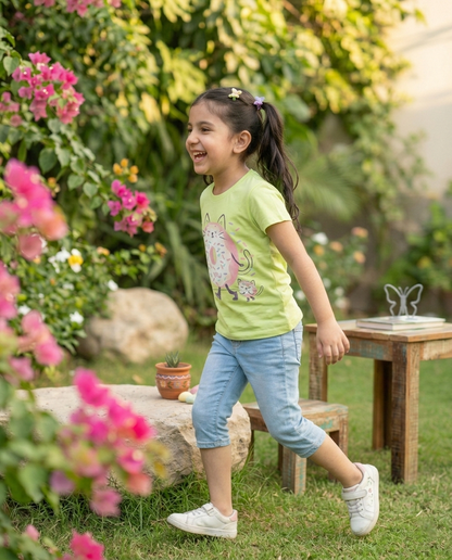 100% Cotton Donut Kitty Printed T-Shirt for Girls | Soft Single Jersey | Sizes 2T to 16