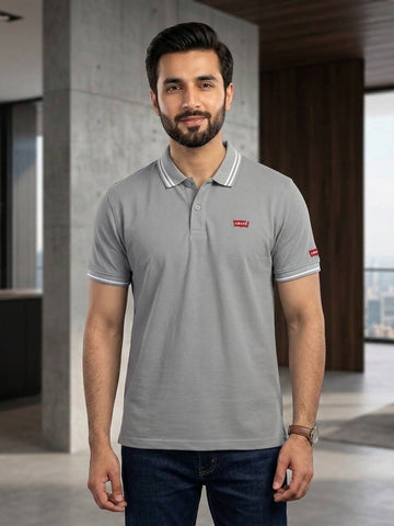 Gray Jacquard Collar Polo Shirts - Cotton| UV Protection