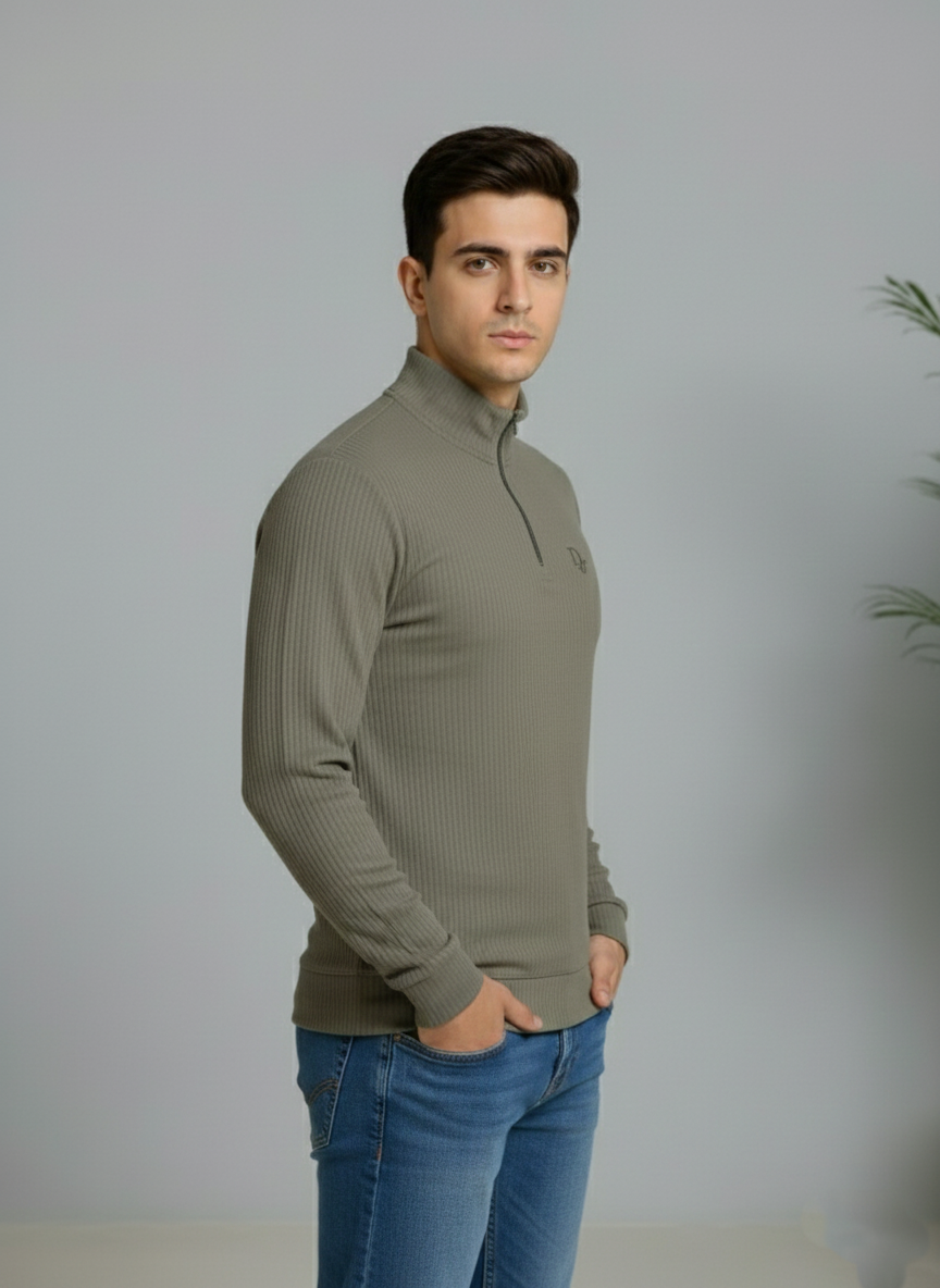 Grey Elegant Texture Mock Neck Full Sleeve - Bebold.