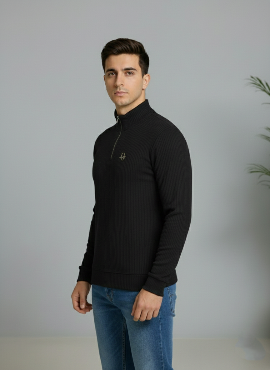 Black Elegant Texture Mock Neck Full Sleeve - Bebold.