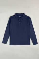 Navy Waffle Texture Polo Full Sleeves Shirt - Bebold.