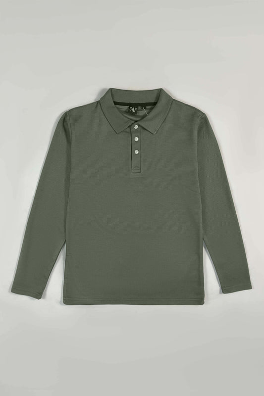 Olive Green Waffle Texture Polo Full Sleeves Shirt - Bebold.
