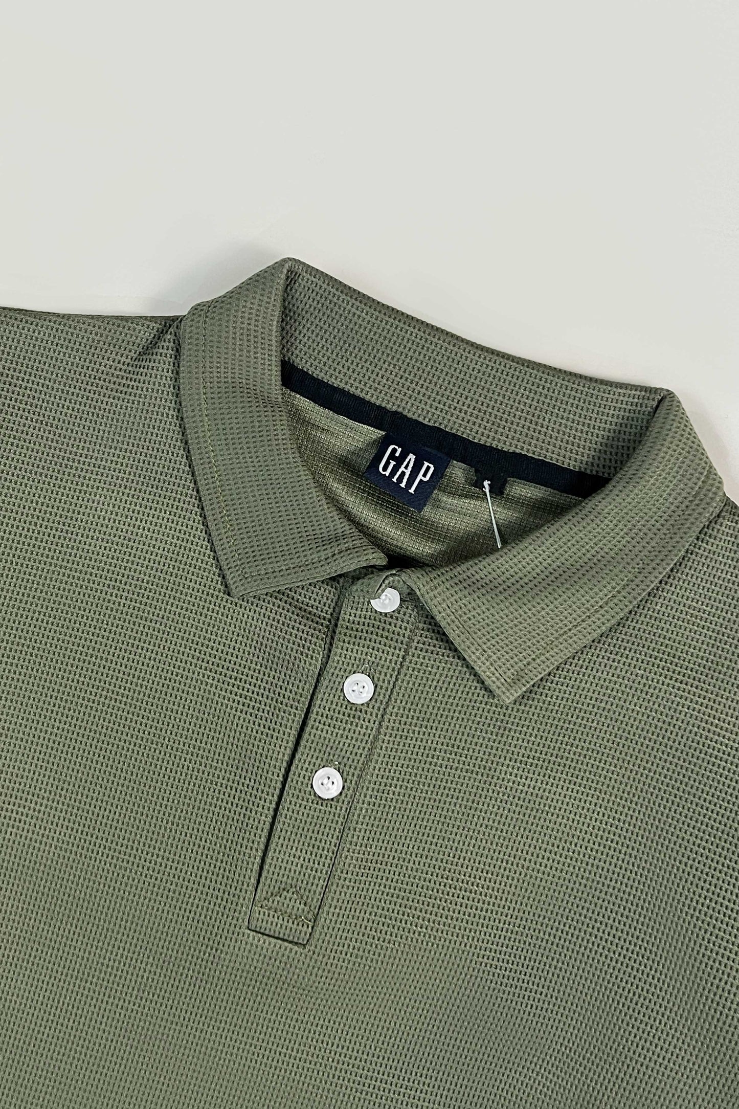 Olive Green Waffle Texture Polo Full Sleeves Shirt - Bebold.
