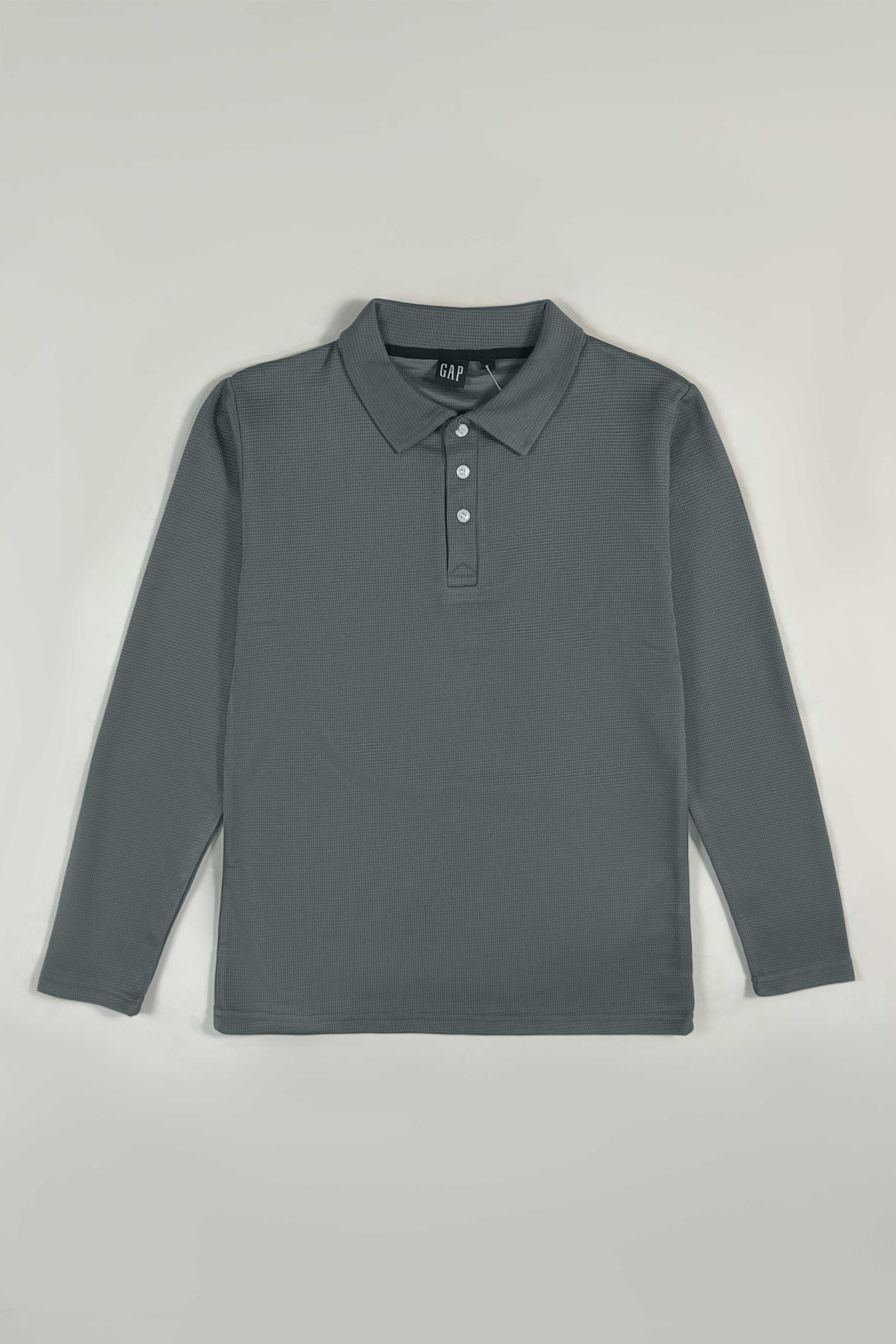 Grey Waffle Texture Polo Full Sleeves Shirt - Bebold.