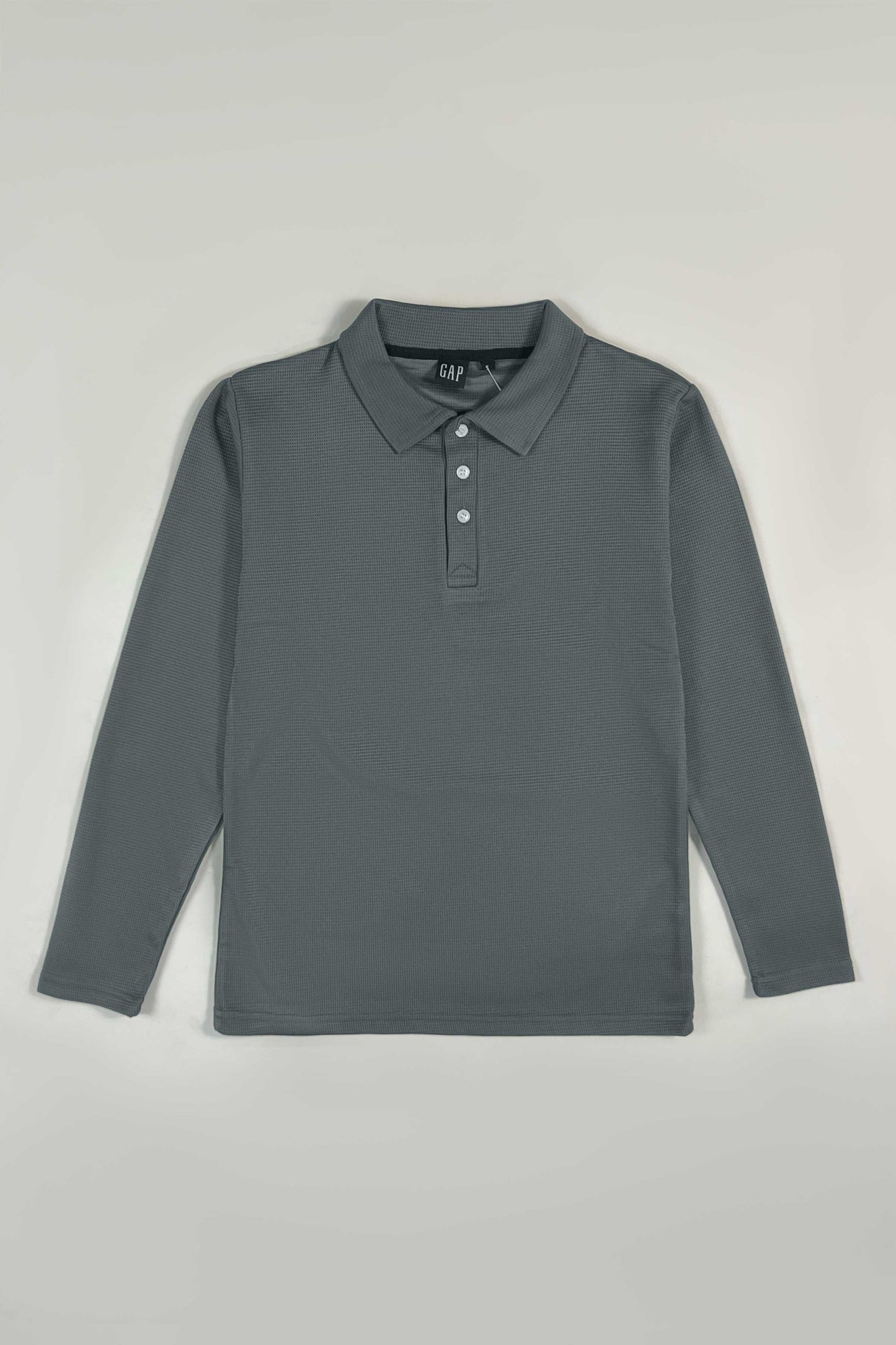Grey Waffle Texture Polo Full Sleeves Shirt - Bebold.