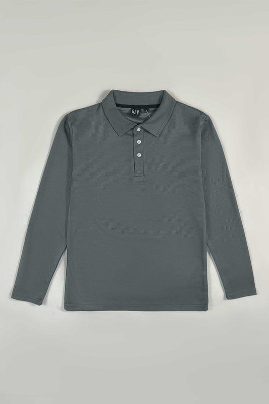 Grey Waffle Texture Polo Full Sleeves Shirt - Bebold.