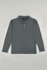 Grey Waffle Texture Polo Full Sleeves Shirt - Bebold.