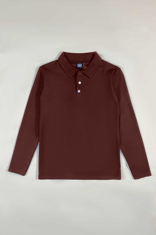 Brown Waffle Texture Polo Full Sleeves Shirt - Bebold.
