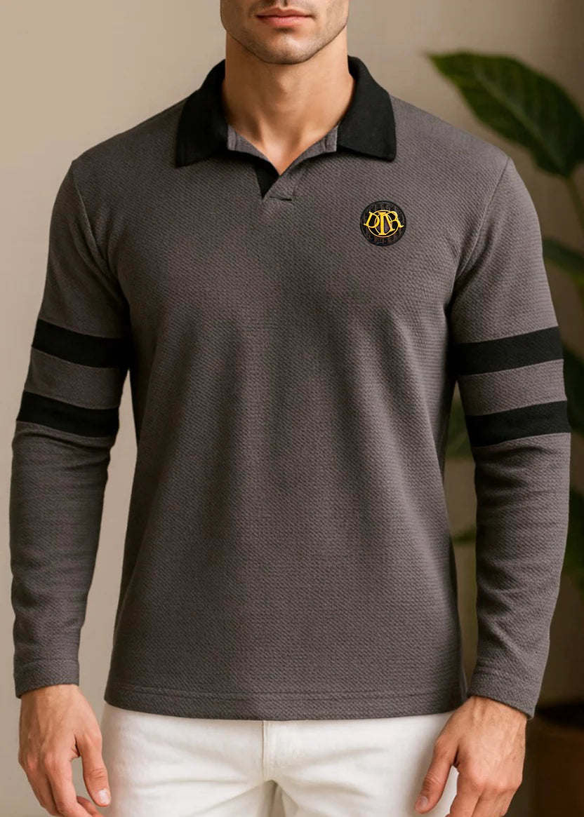 Grey Premium Waffle Polo Full Sleeves Shirt - Bebold