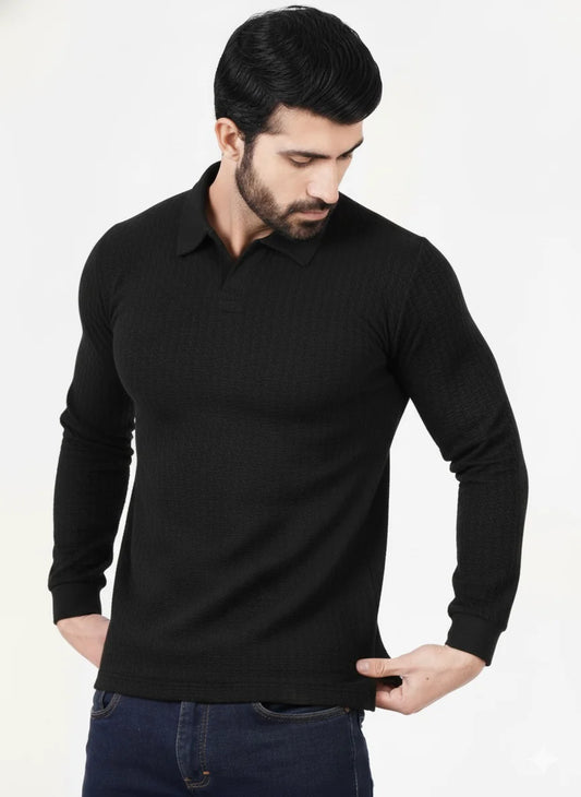 Black Premium Texture Polo Full Sleeves Shirt - Bebold.