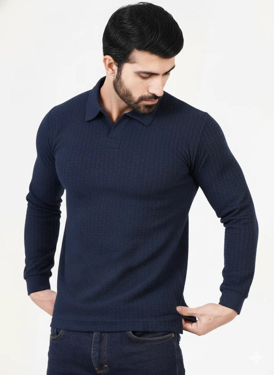 Navy Premium Texture Polo Full Sleeves Shirt - Bebold.