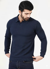 Navy Premium Texture Polo Full Sleeves Shirt - Bebold.