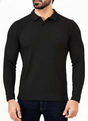 Black Premium Texture Polo Full Sleeves Shirt - Bebold.