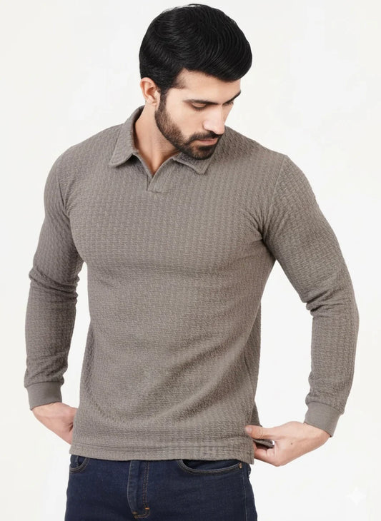 Grey Premium Texture Polo Full Sleeves Shirt - Bebold.