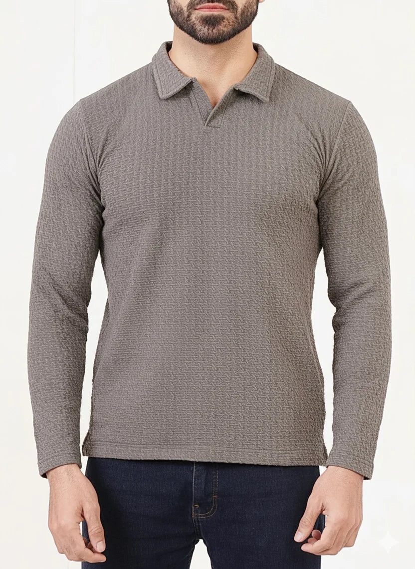Grey Premium Texture Polo Full Sleeves Shirt - Bebold.