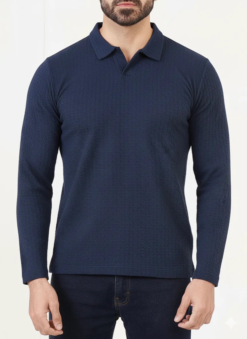Navy Premium Texture Polo Full Sleeves Shirt - Bebold.