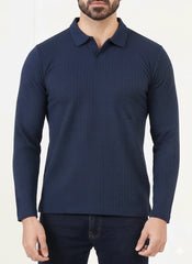 Navy Premium Texture Polo Full Sleeves Shirt - Bebold.