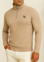 Beige Elegant Texture Mock Neck Full Sleeve - Bebold.