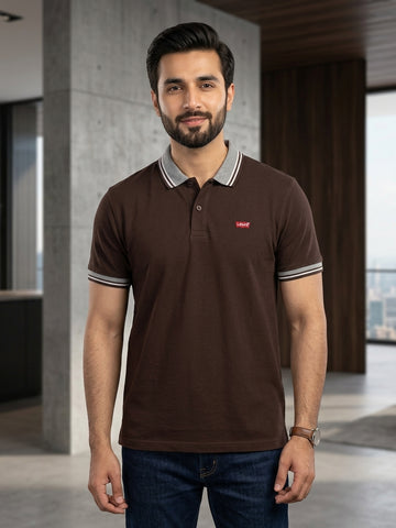 Brown Jacquard Collar Polo Shirts - Cotton| UV Protection