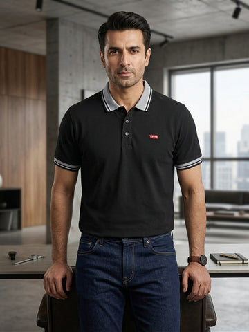 Black Jacquard Collar Polo Shirts - Cotton| UV Protection