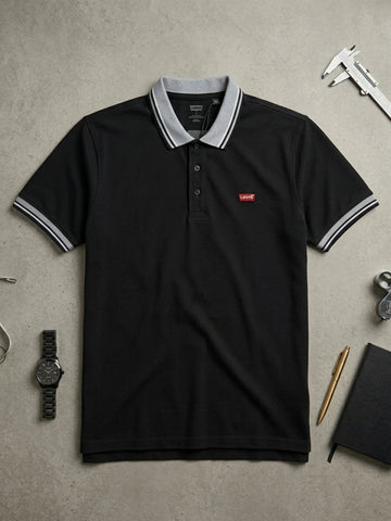 Black Jacquard Collar Polo Shirts - Cotton| UV Protection