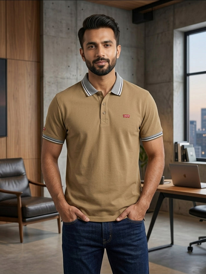 Beige Jacquard Collar Polo Shirts - Cotton| UV Protection