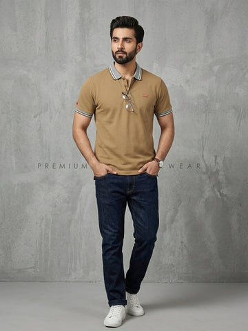 Beige Jacquard Collar Polo Shirts - Cotton| UV Protection