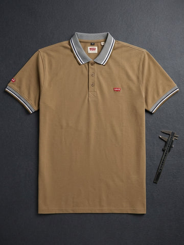 Beige Jacquard Collar Polo Shirts - Cotton| UV Protection