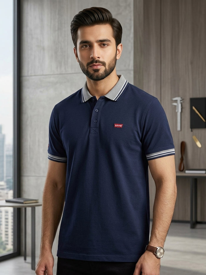 Blue Jacquard Collar Polo Shirts - Cotton| UV Protection