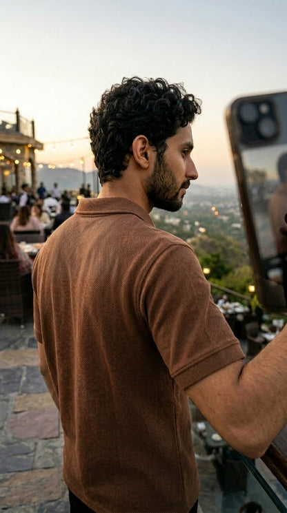 Popcorn Polo Shirt for Men | Sami Down Shoulder Relaxed Fit | Brown