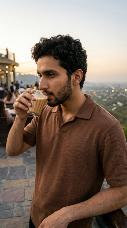 Popcorn Polo Shirt for Men | Sami Down Shoulder Relaxed Fit | Brown