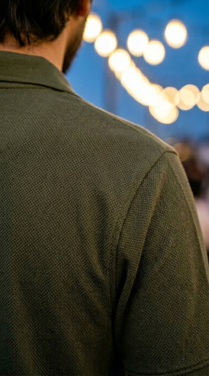 Popcorn Polo Shirt for Men | Sami Down Shoulder Relaxed Fit | Olive green