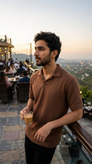 Popcorn Polo Shirt for Men | Sami Down Shoulder Relaxed Fit | Brown