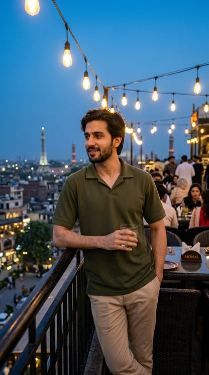 Popcorn Polo Shirt for Men | Sami Down Shoulder Relaxed Fit | Olive green