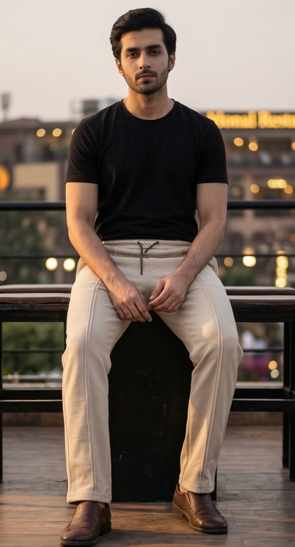 P&B Loose Bottom Front Double Line Casual Trousers | PK Cotton Interlock | Elastic Waist |Skin