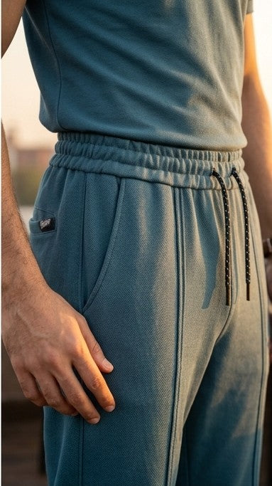 P&B Loose Bottom Front Double Line Casual Trousers | PK Cotton Interlock | Elastic Waist | Zink