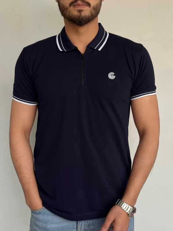 Navy Blue Cotton Half Sleeves Polo Shirt- Bebold